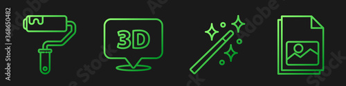 Set line Magic wand, Paint roller brush, Speech bubble with text 3D and Picture landscape. Gradient color icons. Vector.