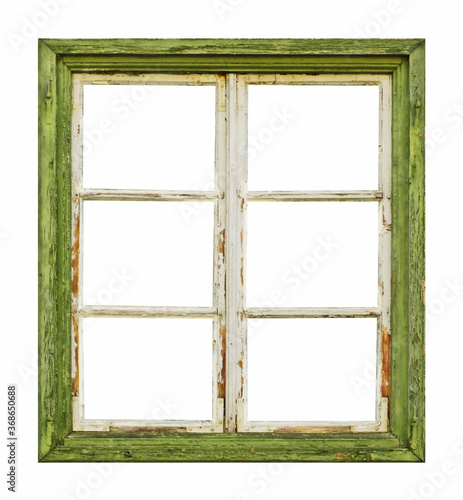 An old wooden window with a green frame on white background