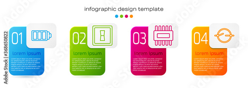 Set line Battery charge level indicator, Electric light switch, Processor with microcircuits CPU and Electric circuit scheme. Business infographic template. Vector.