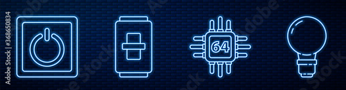 Set line Processor with microcircuits CPU, Electric light switch, Electric light switch and Light bulb with concept of idea. Glowing neon icon on brick wall. Vector.