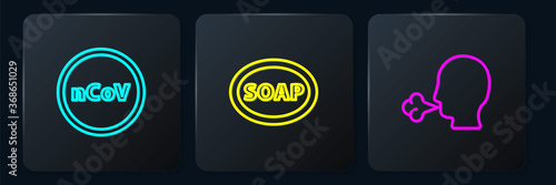 Set line Corona virus 2019-nCoV, Man coughing and Bar of soap. Black square button. Vector.