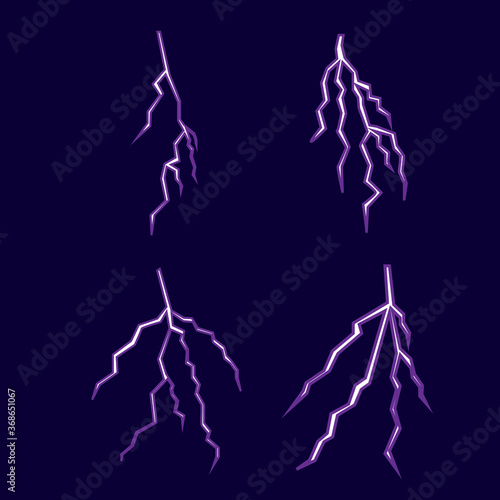 Illustration with purple white lightning collection isolated on purple background. Set of lightnings. Natural phenomena, blue thunderbolt flares. Lightning bolts realistic vector illustrations set.