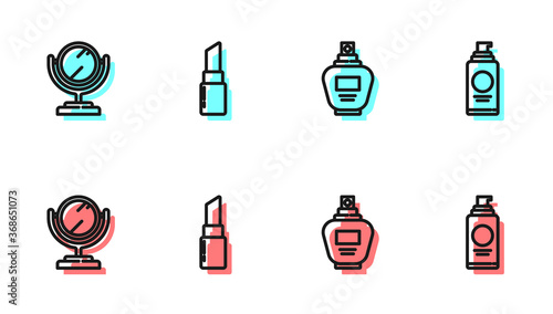 Set line Perfume, Round makeup mirror, Lipstick and Spray can for hairspray icon. Vector.