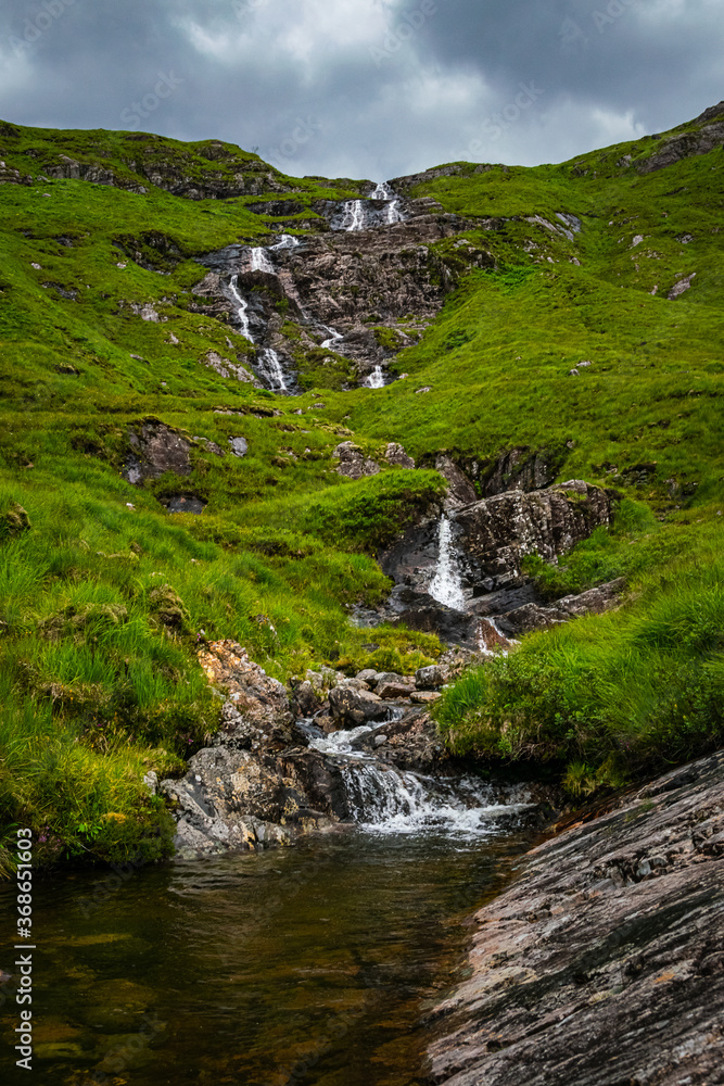 Picturesque waterfall in the Scottish Highlands in summer.