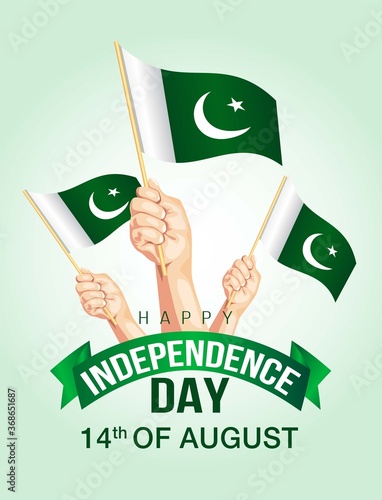 happy independence day Pakistan light background. Vector illustration of human hands Holding Up pakistan Flags