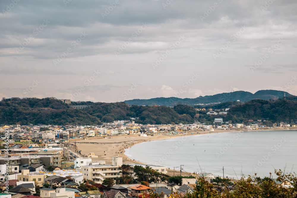 Yuigahama beach and seaside village from Hasedera temple in Kamakura, Japan