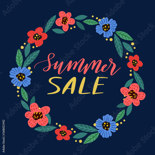 Summer sale lettering, floral wreath on white background. Vector illustration