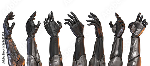 Set of artificial sci-fi robotic arms, 3d rendering  on white background in different poses
