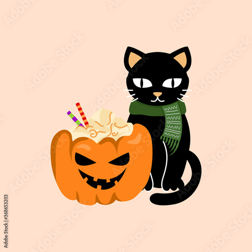 Halloween black cat with pumpkin latte. Vector graphic illustration.