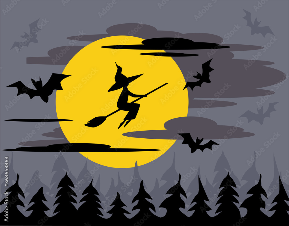 A silhouette of the witch flying under forest. Happy Halloween poster on a dark background.