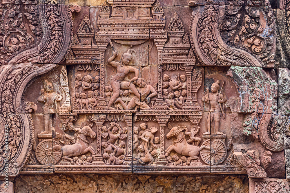 Krishna killing Kamsa in  Banteay Srei temple area of Angkor in Siem Reap, Cambodi
