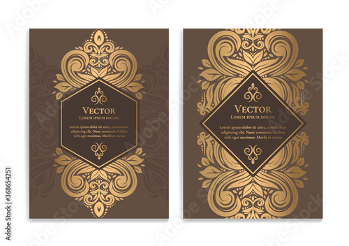 Gold and brown luxury invitation card design. Vintage ornament template. Can be used for background and wallpaper. Elegant and classic vector elements great for decoration.
