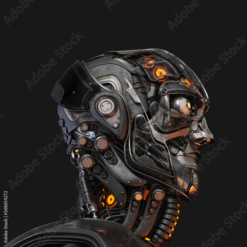 Semi-transparent handsome cyborg head in profile / Futuristic man 3d rendering on dark background