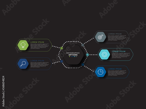Modern infographic template with hexagonal realistic elements in flat colors on a black background. Business process information visualisation data with several steps. Vector eps10 concept
