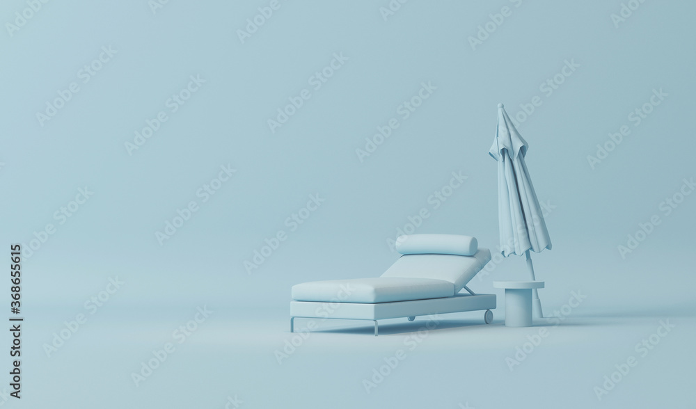 Beach chairs and umbrella in plain monochrome pastel blue color. Light background with copy space. 3D rendering for web page, presentation or picture frame backgrounds. Beach chairs and umbrella in plain monochrome pastel blue color. Light background with copy space. 3D rendering for web page, presentation or picture frame backgrounds.