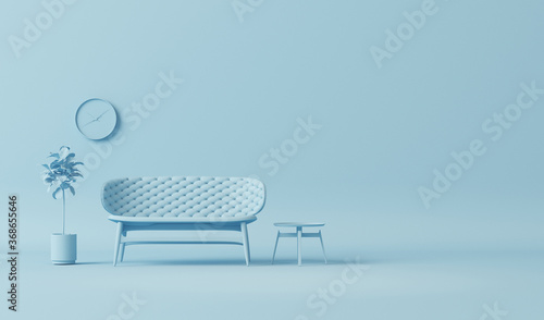 Interior of the room in plain monochrome pastel blue color with furnitures and room accessories. Light background with copy space. 3D rendering for web page, presentation or picture frame backgrounds. photo