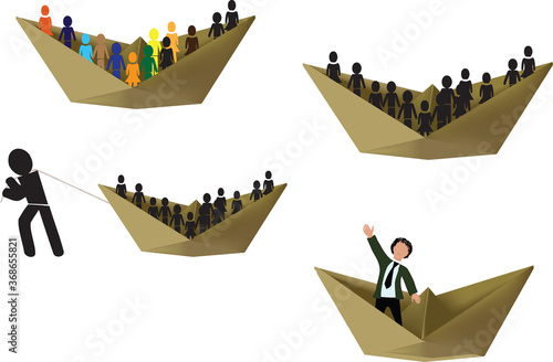 group of paper barges with human figures