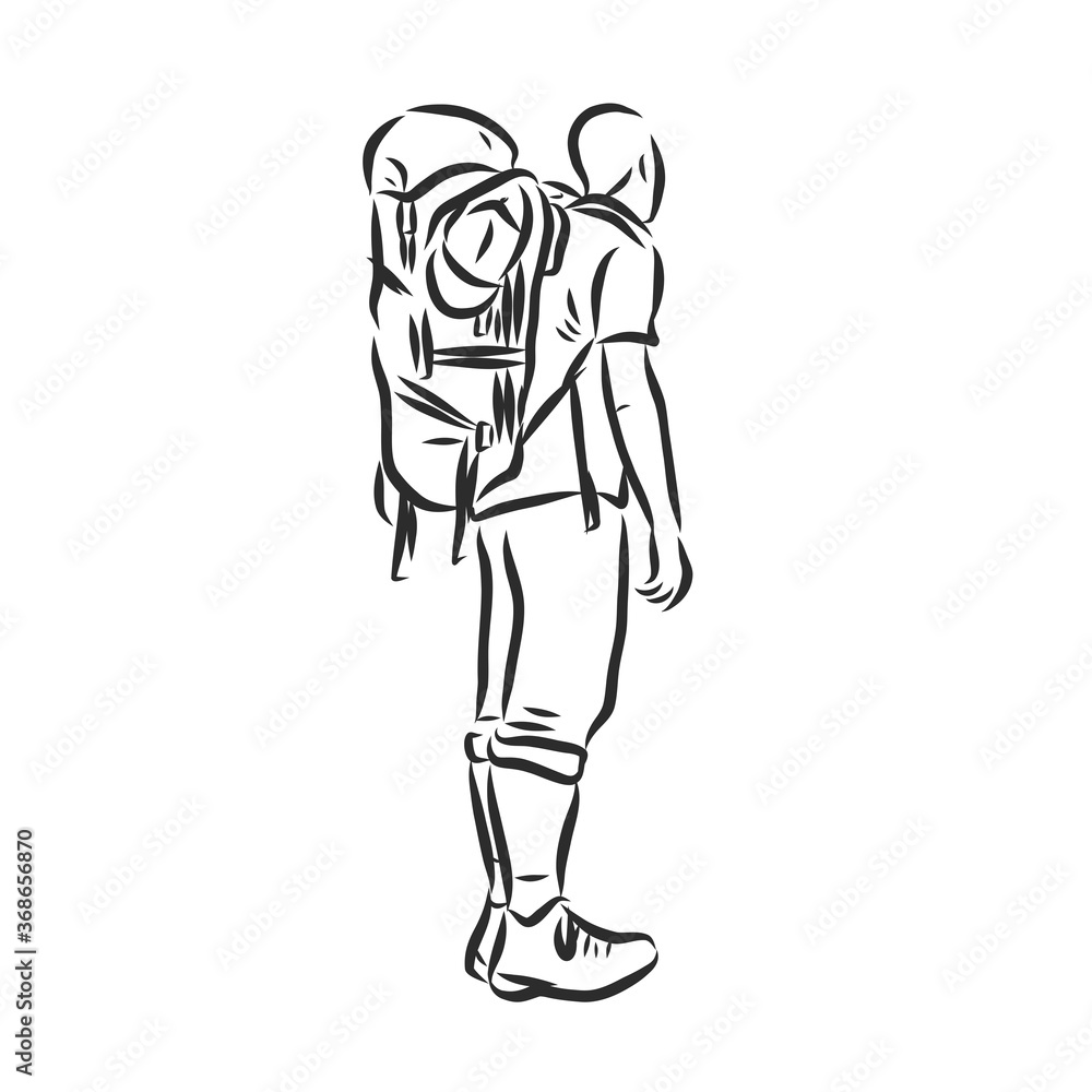 Sketch of man trekking with big backpack Hand drawn vector illustration Sketch of man trekking with big backpack Hand drawn vector illustration