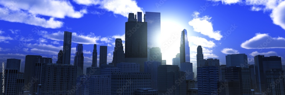 Skyscrapers at sunrise. modern city in the morning, 3d rendering