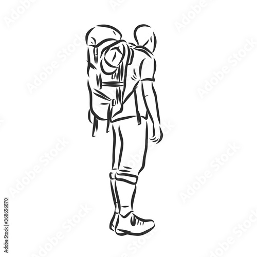 Sketch of man trekking with big backpack Hand drawn vector illustration