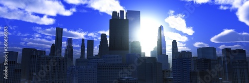 Skyscrapers at sunrise. modern city in the morning, 3d rendering