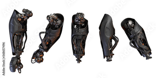 Futuristic replacement arm parts prosthesis, 3d rendering 