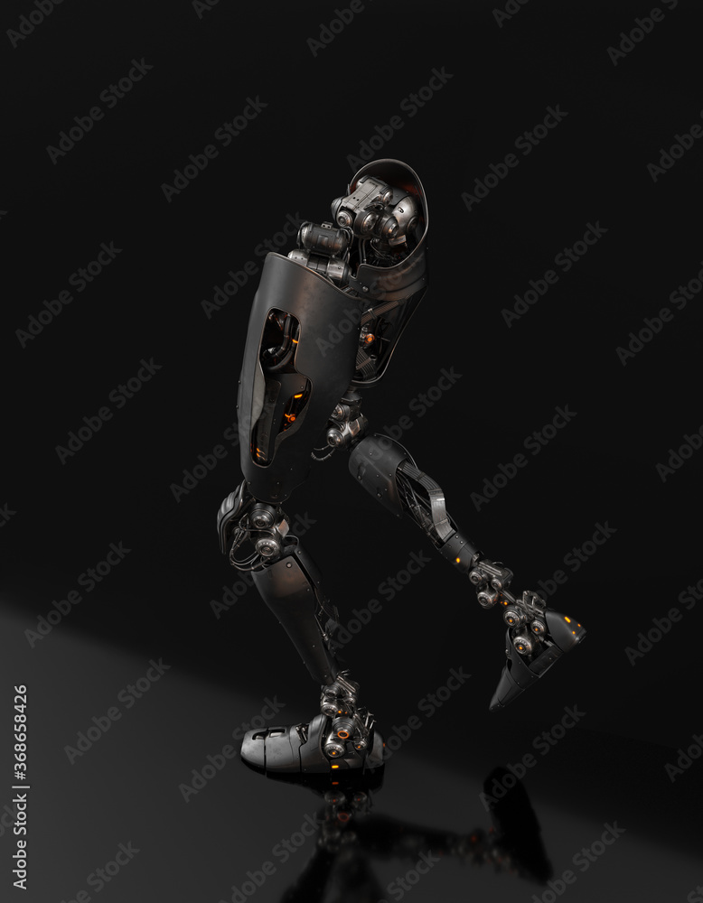 Steel artificial robotic leg parts in action, 3d rendering on dark background Steel artificial robotic leg parts in action, 3d rendering on dark background