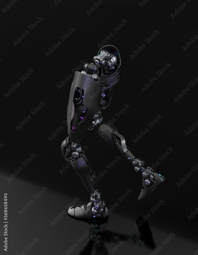 Naklejka premium Steel artificial robotic leg parts in action, 3d rendering on dark background