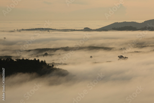 Scenic view of foggy morning sky. Landscape sea of misty in dawn morning sunrise time at Khao Na Nai Luang Dhrama Park, Surat Thani province,Thailand