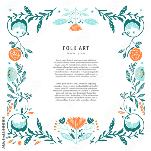 Folk art frame, flowers, floral ornament and text isolated on white