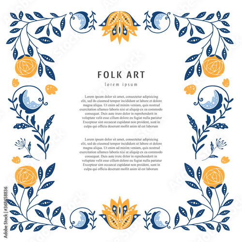 Folk art frame, flowers, floral ornament and text isolated on white