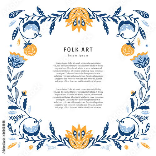 Folk art frame, flowers, floral ornament and text isolated on white