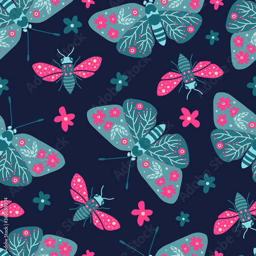 Seamless pattern with butterflies and bees on white background