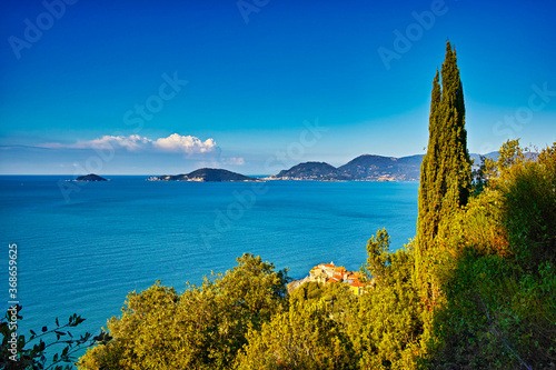 Mediterranean seascape of the Gulf of La Spezia and the country of Tellaro Liguria Italy