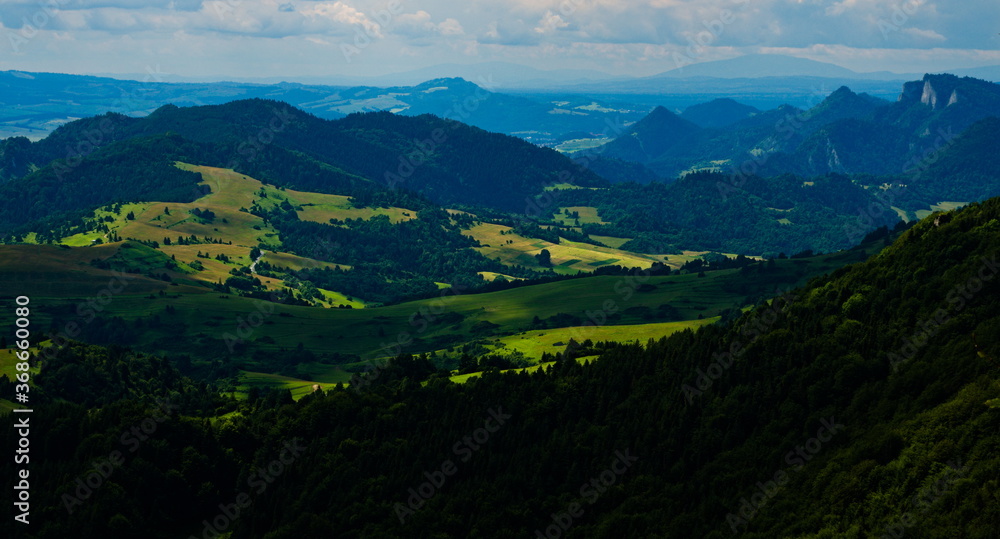 View from Mount Wysoka on the Three Crowns and valley. Pieniny National Park. Polish-Slovakian border