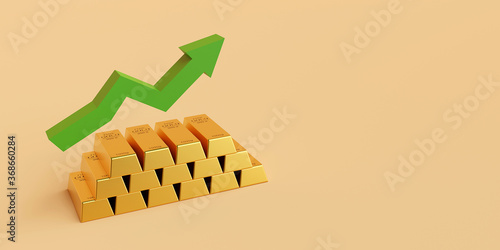 Gold bar with arrow rise up, Banner background with copy space, 3d rendering photo