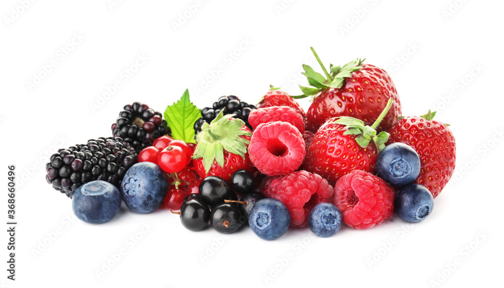 Pile of different ripe tasty berries isolated on white Pile of different ripe tasty berries isolated on white