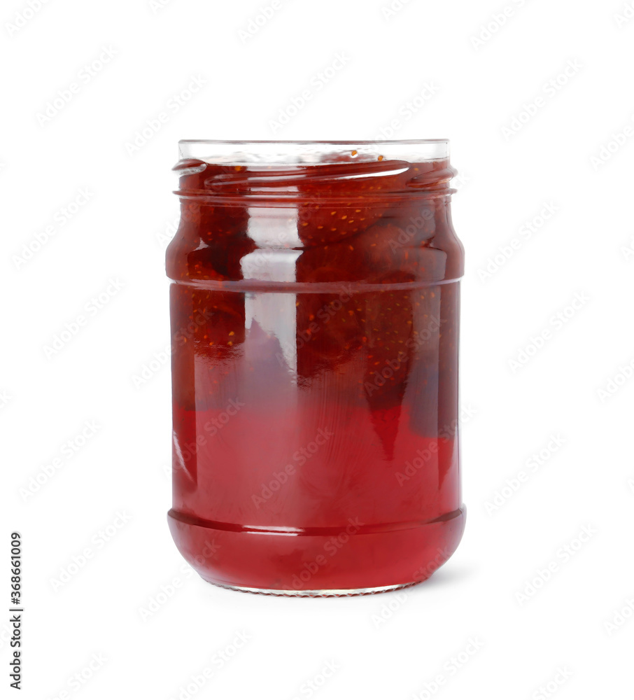 Delicious pickled strawberry jam in glass jar isolated on white Delicious pickled strawberry jam in glass jar isolated on white