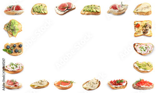 Frame of different tasty bruschettas on white background