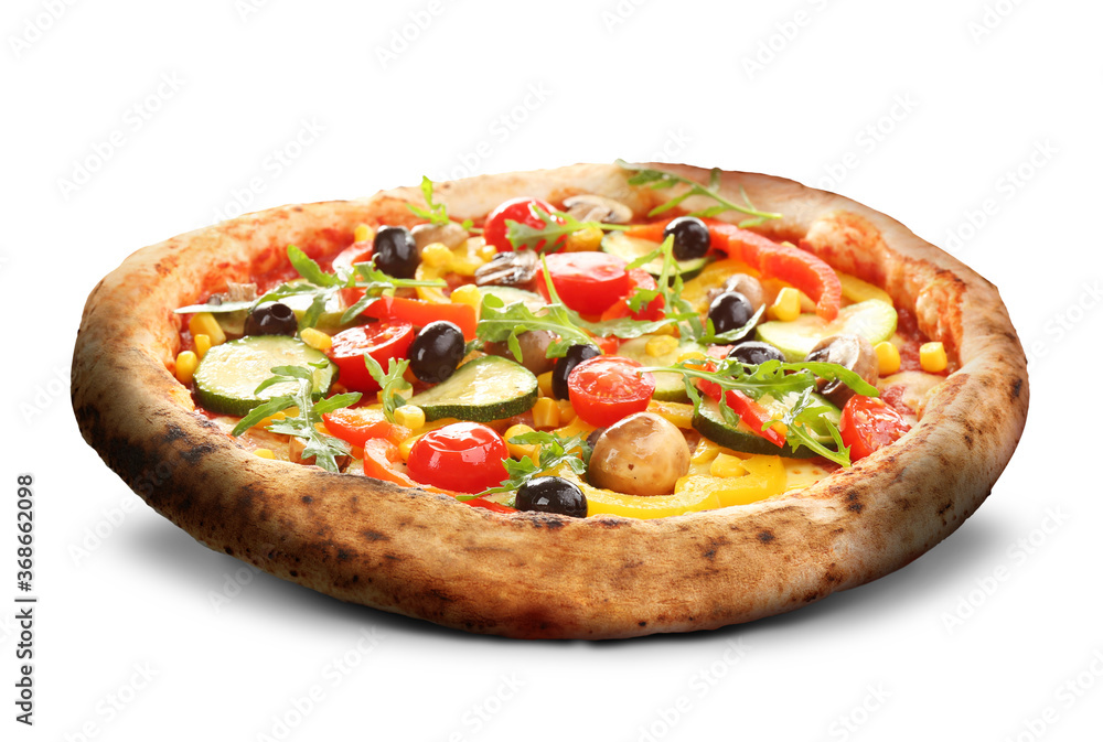 Hot tasty vegetable pizza on white background. Image for menu or poster Hot tasty vegetable pizza on white background. Image for menu or poster