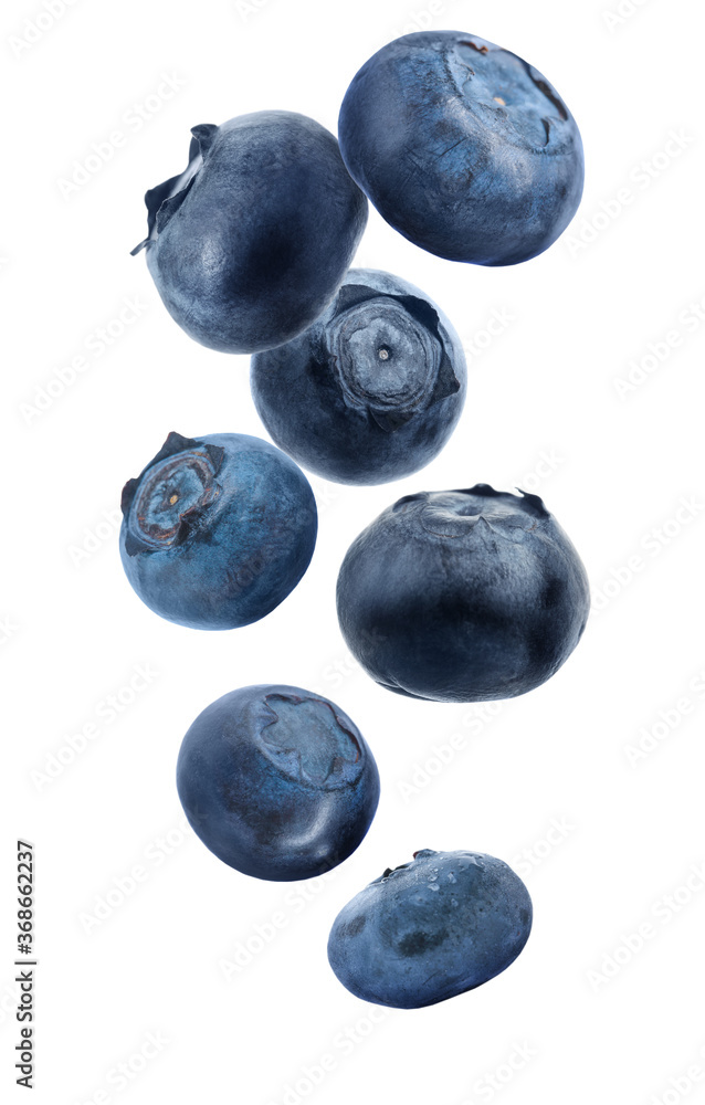 Many fresh ripe blueberries falling on white background Many fresh ripe blueberries falling on white background