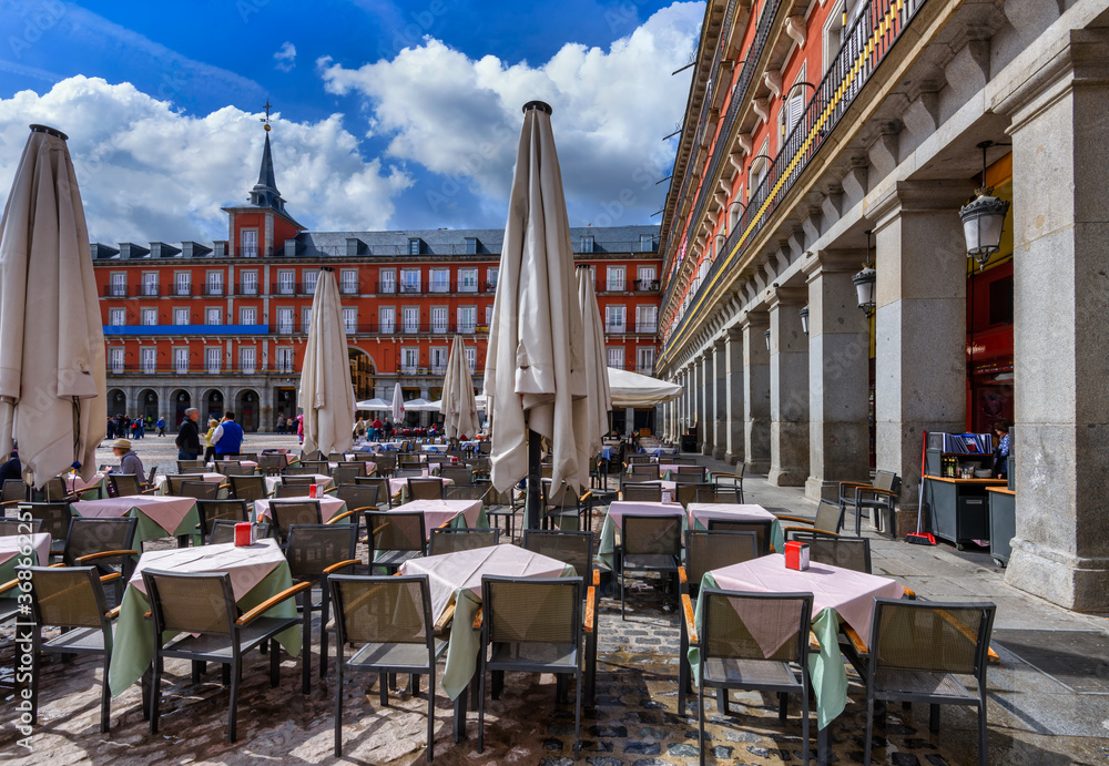 Plaza Mayor in Madrid, Spain. Plaza Mayor is a central plaza in the city of Madrid. Architecture and landmark of Madrid