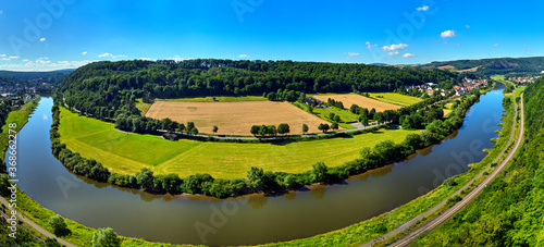 Fototapeta Naklejka Na Ścianę i Meble -  Aerial view of the river Weser between Beverungen and Karlshafen, Germany, with fields and meadows, trees and bushes on the river bank