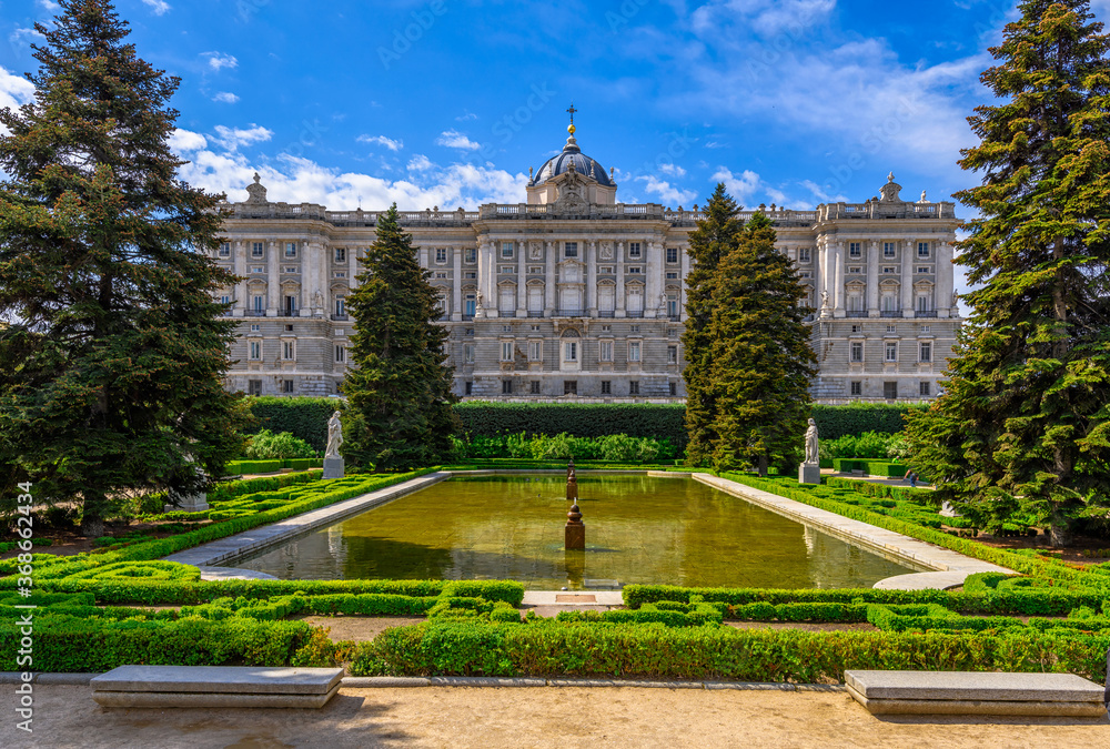 Royal Palace of Madrid and Sabatini park in Madrid, Spain.