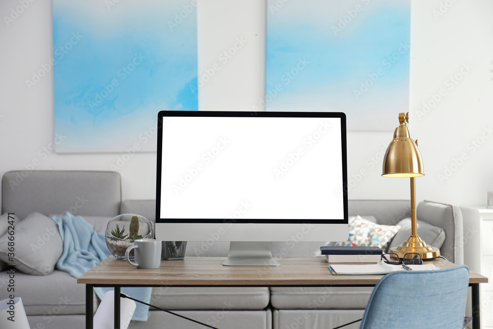 Home workplace with modern computer and desk in room. Mockup for design Home workplace with modern computer and desk in room. Mockup for design