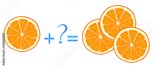 Action relationship of addition, examples with slices of orange. Educational game for children.