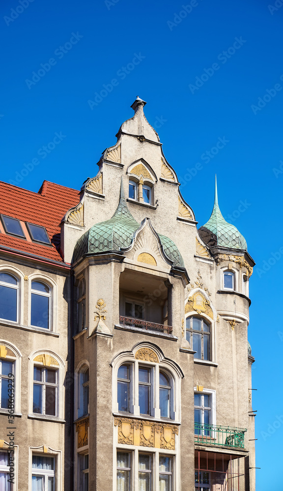 Close up picture of an old tenement house on Grunwaldzki Square in Szczecin, Poland.