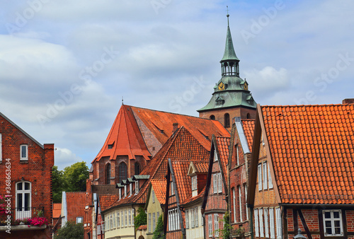 Ancient houses and church tower of Luneburg, Germany