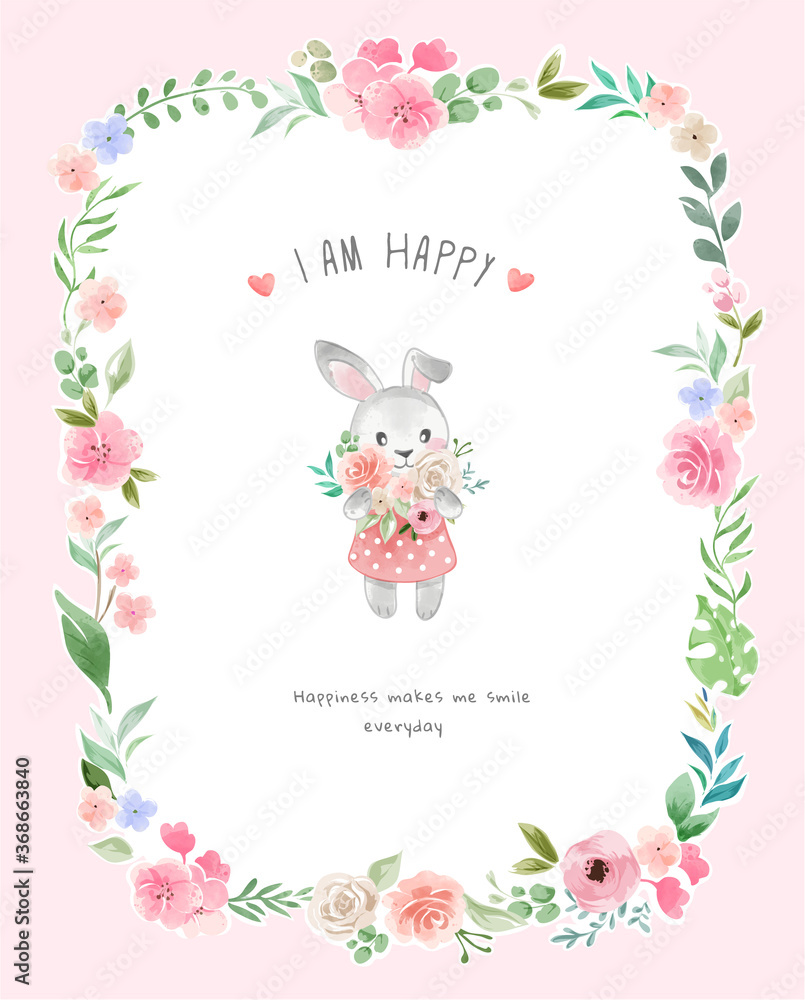 Cute Rabbit Holding Bouquet of Flower in Floral Frame Illustration