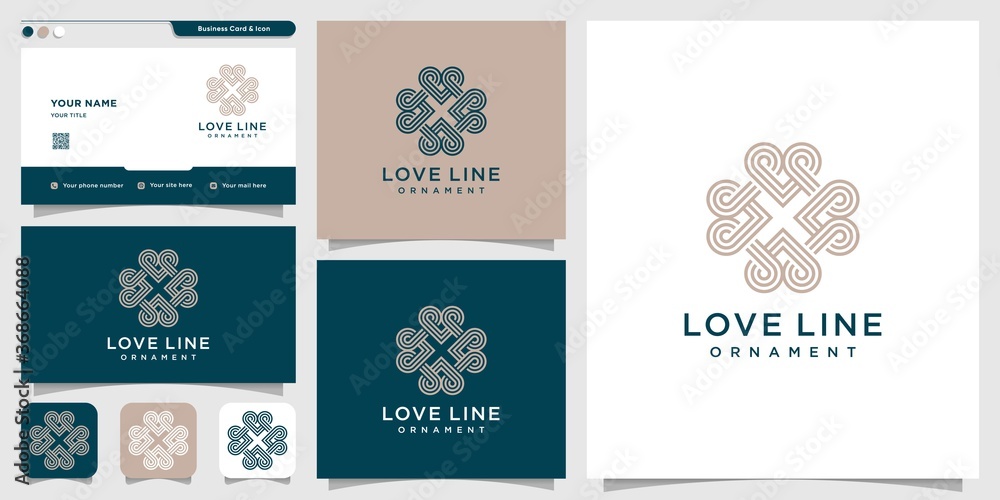Love logo with line art style and business card design template. love, heart, modern, beauty, Premium Vector